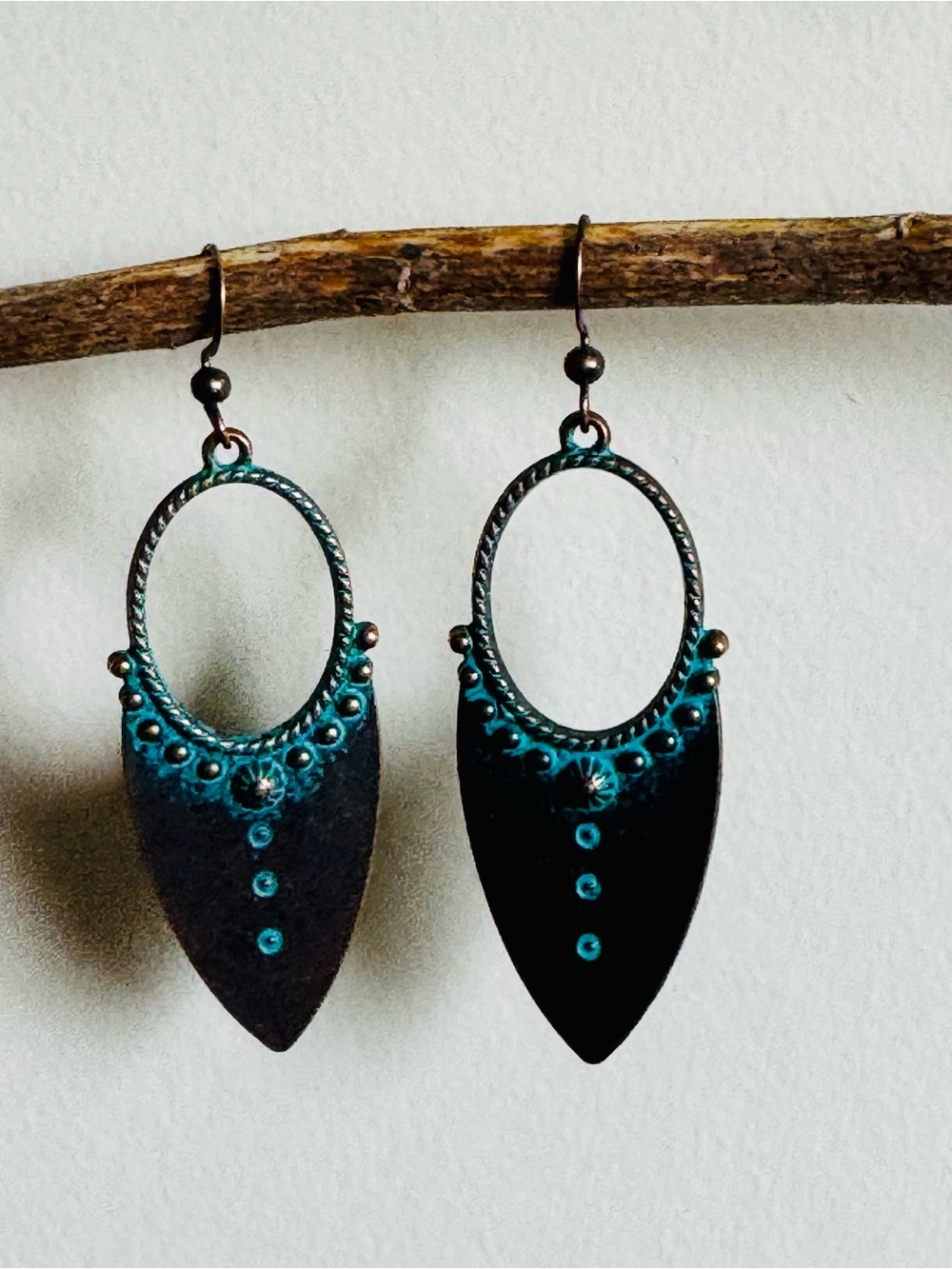 Handcrafted Teal and Black Oval Drop‎ Earrings - Women Jewelry